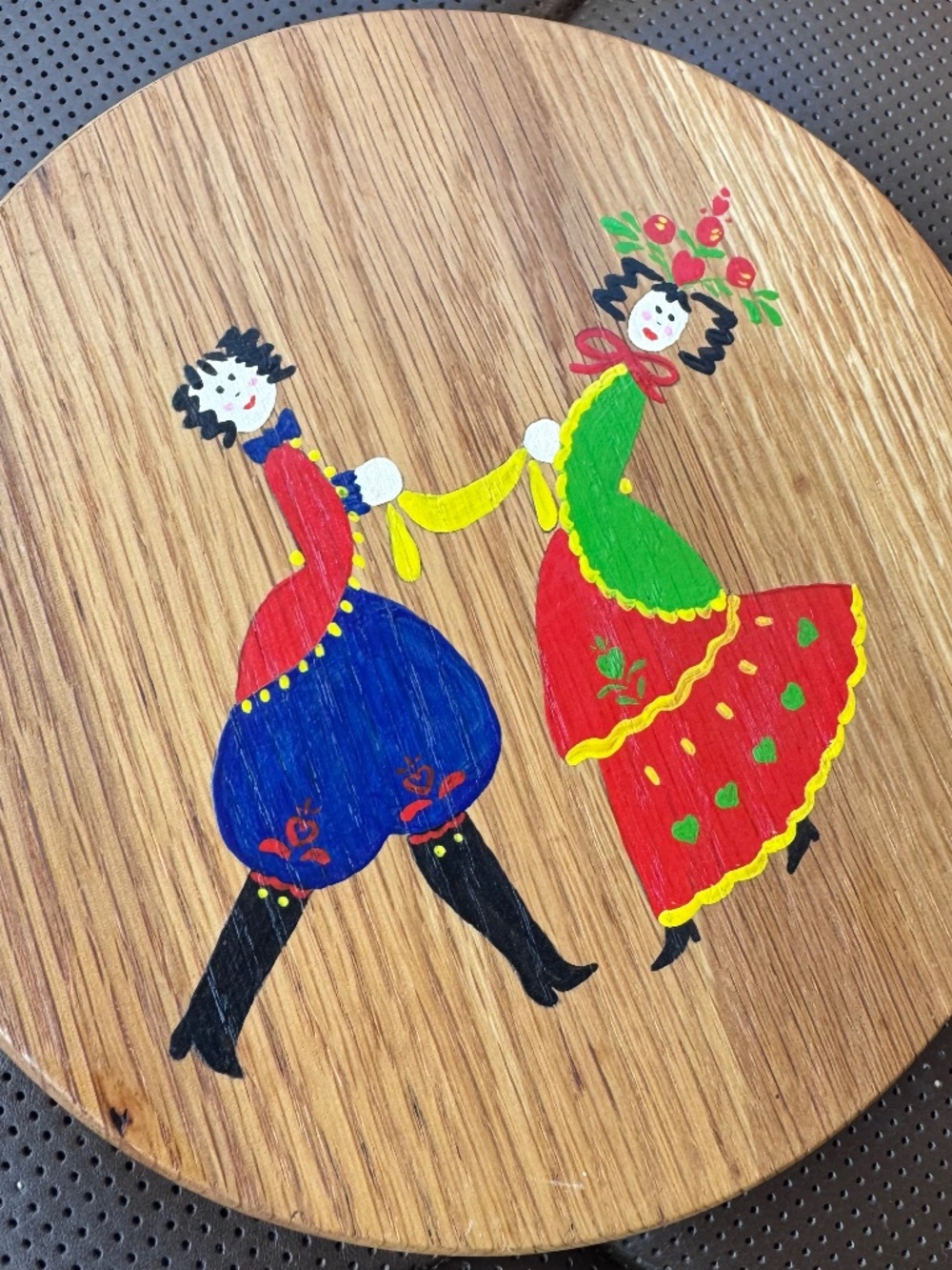 Mid-Century Hand-Painted Wood Trivet Wall Art European Folk Art Kitsch Eclectic